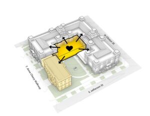 The Pappajohn Business Building (gray) will be joined with historic Gilmore Hall (pale yellow). Glass atrium addition shown in the center (gold). Conceptual image courtesy of Neumann Monson Architects.