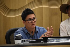 Supervisor Vice Chair V Fixmer-Oraiz addresses presenters of the proposed immigration welcome center June 4, 2025.