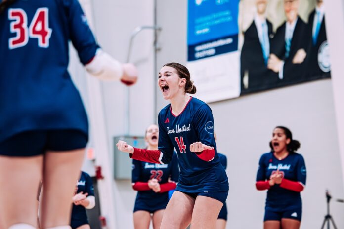 An Iowa United Volleyball club member celebrates during the 2025 Iowa Regionals Weekend.