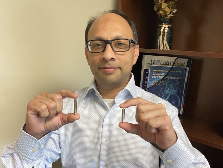UnityPoint Health – St. Luke’s Electrophysiologist Talha Farid, MD, holds a set of Abbott AVEIR DR dual-chamber leadless pacemaker devices. Implanted into the upper and lower chambers of the heart, these devices communicate and pace the heart without the use of lead wires. Dr. Farid is one of the first cardiologists in Iowa, and the only one in Cedar Rapids, who is trained to implant the AVEIR dual-chamber leadless pacemaker system.