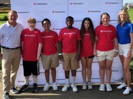 Winners of the "Saving for a Rainy Day" contest pose with Will Fuller, president and CEO of Transamerica (far left) and Laura Wirth, head of corporate development at Transamerica (far right).