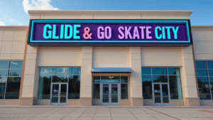 A rendering of Glide & Go Skate City's exterior. The skating rink will occupy the former Joann Fabric space at Iowa City Marketplace.