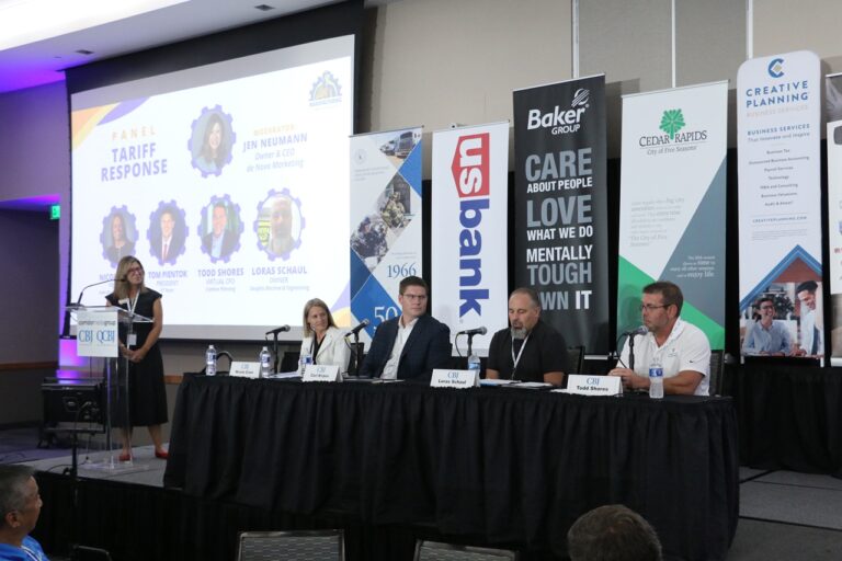 Responding to Tariffs panel, from left: Moderator Jen Neumann, CEO of de novo; Nicole Crain, president of ABI; Carl Kirpes, president of KT Pacer; Loras Schaul, owner of Douglas Machine and Engineering LLC; and Todd Shores, virtual CFO of Creative Planning. The panel took place at The Hotel at Kirkwood Center Aug 24 as part of Corridor Media’s 2025 Manufacturing Conference.