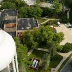 Aerial photo of the water tower located outside University of Iowa Hospitals & Clinics.