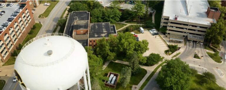 Aerial photo of the water tower located outside University of Iowa Hospitals & Clinics.