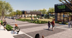 A rendering of the proposed one-story retail and restaurant spaces in the Gather Iowa development.