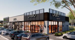 A rendering of the proposed one-story retail and restaurant spaces in the Gather Iowa development. 