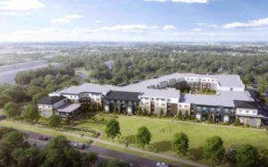 Aerial view of Roosevelt Ridge, the proposed 187-unit affordable housing complex at 611 Greenwood Dr. in Iowa City.