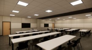 A rendering of a large group classroom renovated for University of Iowa Hospital and Clinic’s Emergency Medical Services Learning Resource Center. 