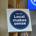 A Local Makes Sense campaign sign is displayed at Greater Iowa City's headquarters during a press conference Sept. 2. The cities of Coralville, North Liberty and Iowa City have teamed up in a campaign to convince voters to elect a 1% local option sales tax on the Nov. 4 ballot.