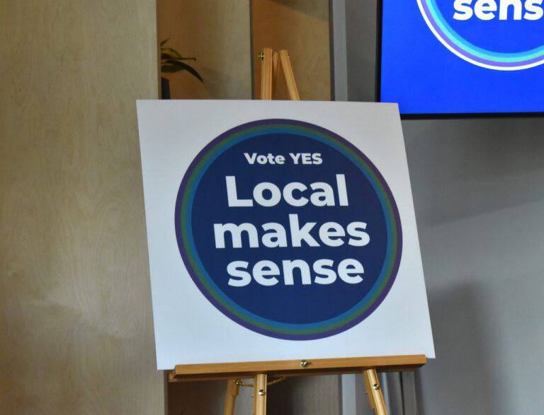 A Local Makes Sense campaign sign is displayed at Greater Iowa City's headquarters during a press conference Sept. 2. The cities of Coralville, North Liberty and Iowa City have teamed up in a campaign to convince voters to elect a 1% local option sales tax on the Nov. 4 ballot.