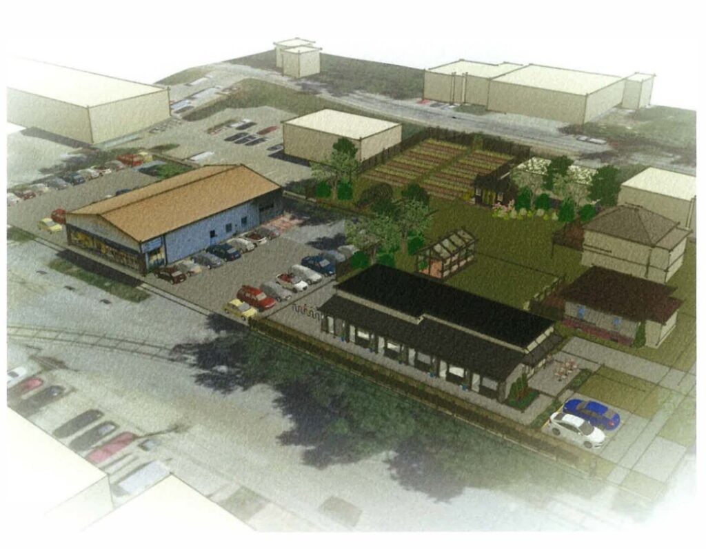 A rendering of nonprofit Great Plains Action Society's urban Indigenous-led resilience and innovation hub, which is flanked to the east and west by Gilbert Court and Maiden Lane and to the south by East Benton Street in Iowa City. The proposed project spans approximately one acre.