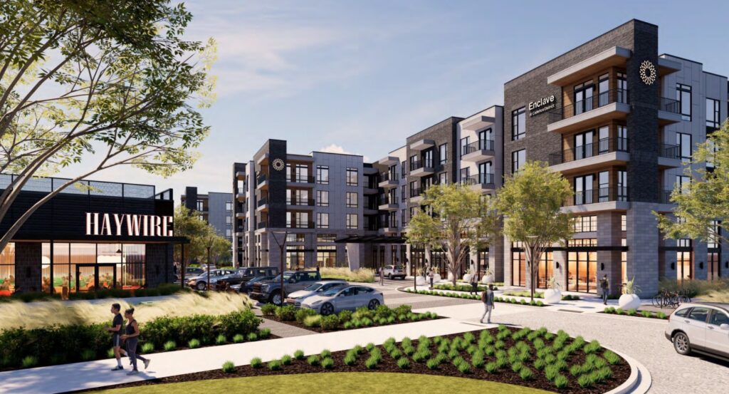 A rendering of Gather Iowa, a 10-acre mixed-use development project planned for Coralville’s southeast commercial district.