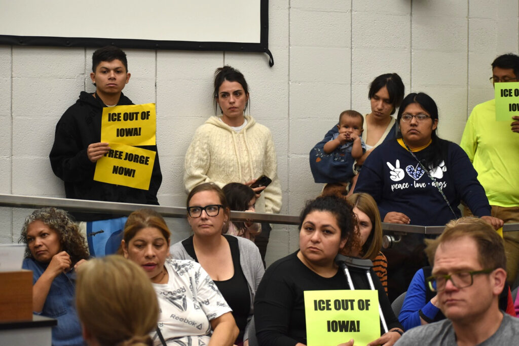 Members of Escucha Mi Voz, a grassroots immigrant advocacy organization with a focus on workplace justice and immigration reform, gathered at Iowa City City Hall for the Johnson County joint entities meeting Oct. 20.