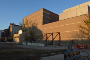 Metal bracing installed on the southwest side of the Paramount Theatre's 2012 addition was still in place as of Oct. 29, 2025.