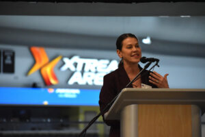 Outgoing Coralville Mayor Meghann Foster at Xtream Arena Nov. 20, 2025. 3ice