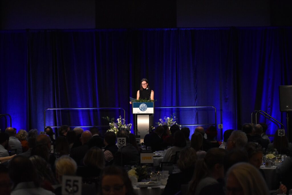 Greater Iowa City, Inc. President and CEO Nancy Bird takes the podium at the organization's annual meeting Nov. 20 at the Hyatt Regency Coralville, highlighting Greater IC's economic development efforts over the past year.