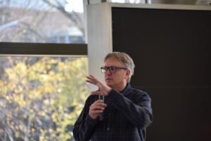 Developer Steve Long discusses plans for the former ACT campus during a Greater Iowa City, Inc. networking event Oct. 29 that included a tour of the campus. 