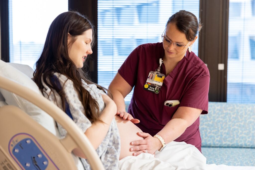 UI Health Care labor and delivery patient with nurse-midwife Amber Goodrich March 2022.