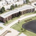 An aerial rendering of the multifamily building proposed for Jordan Street in North Liberty.