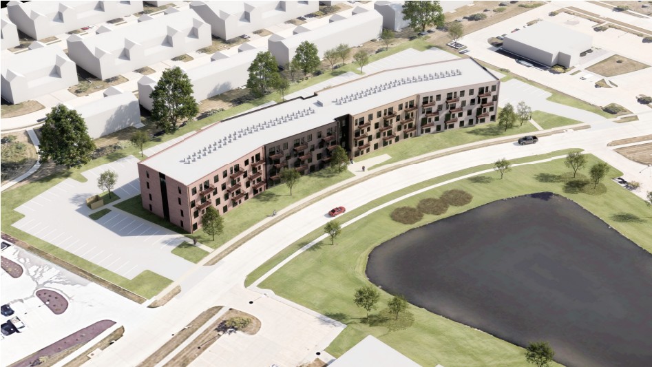 An aerial rendering of the multifamily building proposed for Jordan Street in North Liberty.