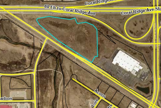 The highlighted area shows the 15.38 acre future site of the Lucky Pete commercial subdivision, located immediately west of Lowe's and between Second Street and Interstate 80 in Coralville.