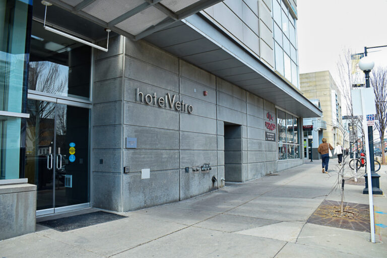hotelVetro, 201 S. Linn St. Iowa City, pictured Feb. 10, 2026. The hotel closed in November after the building it was housed in reverted to the bank in a foreclosure suit. CREDIT ANNIE SMITH BARKALOW