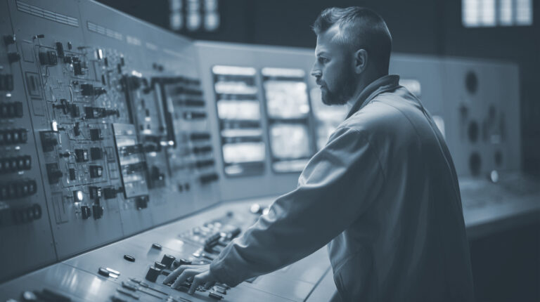 An operator is shown working in the control room of a nuclear power plant. STOCK IMAGE