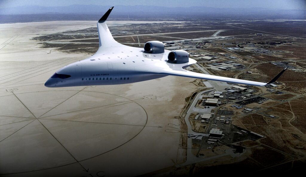 A rendering of JetZero’s Z4 airframe, featuring a revolutionary blended-wing design. CREDIT PR NEWSWIRE