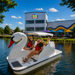 A composite image showing the swan pedal boat concept at The Fun Station in Cedar Rapids.