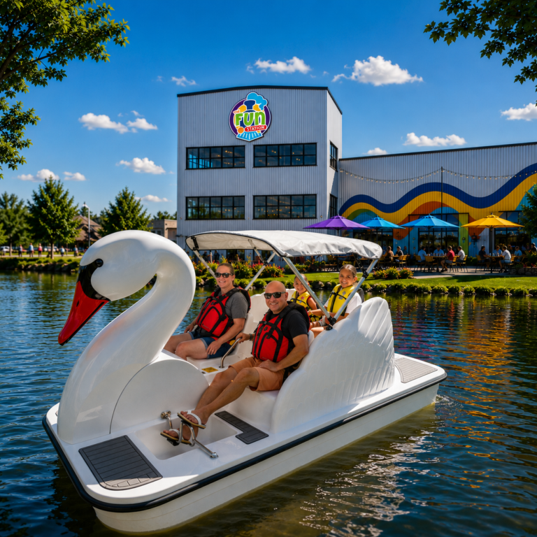 A composite image showing the swan pedal boat concept at The Fun Station in Cedar Rapids.